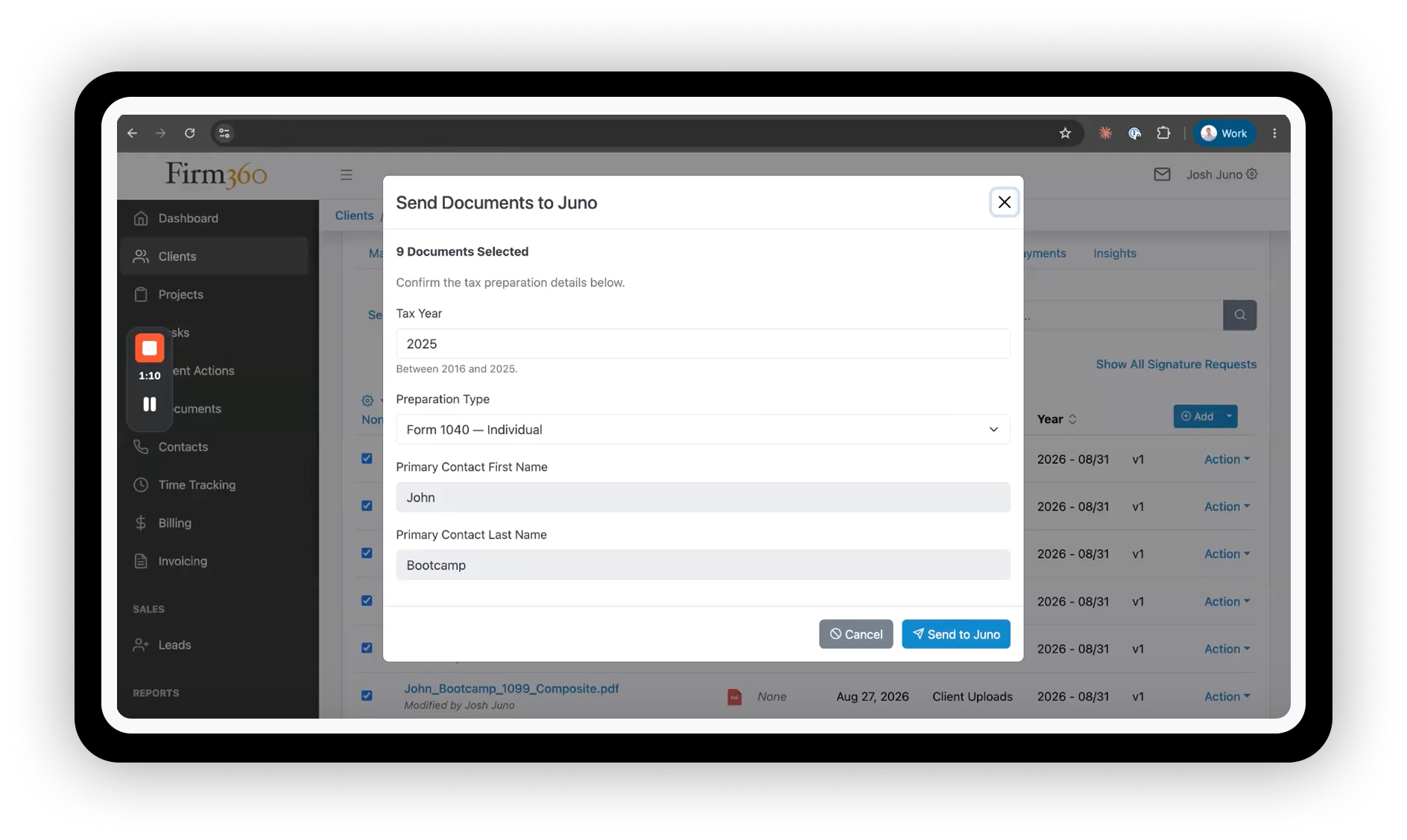 Juno Product Tour - Firm360 Integration