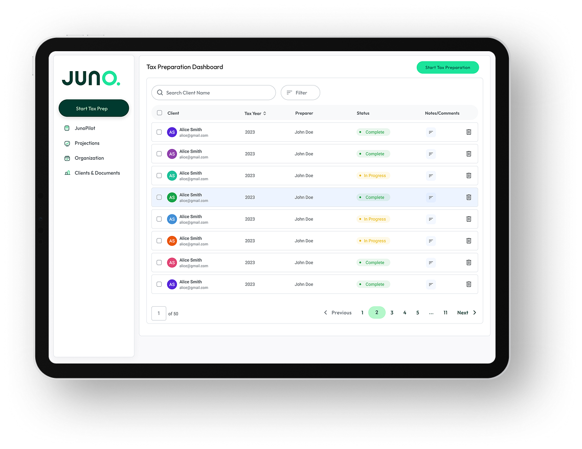 JUNO tax preparation dashboard interface